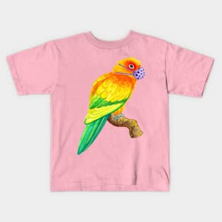 Sun Conure Parrot Wearing Face Mask Watercolor Kids T-Shirt